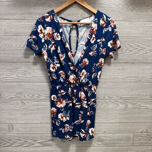 French Grey Women's Floral Wrap Romper Size S Navy Romantic Cottagecore Stretchy